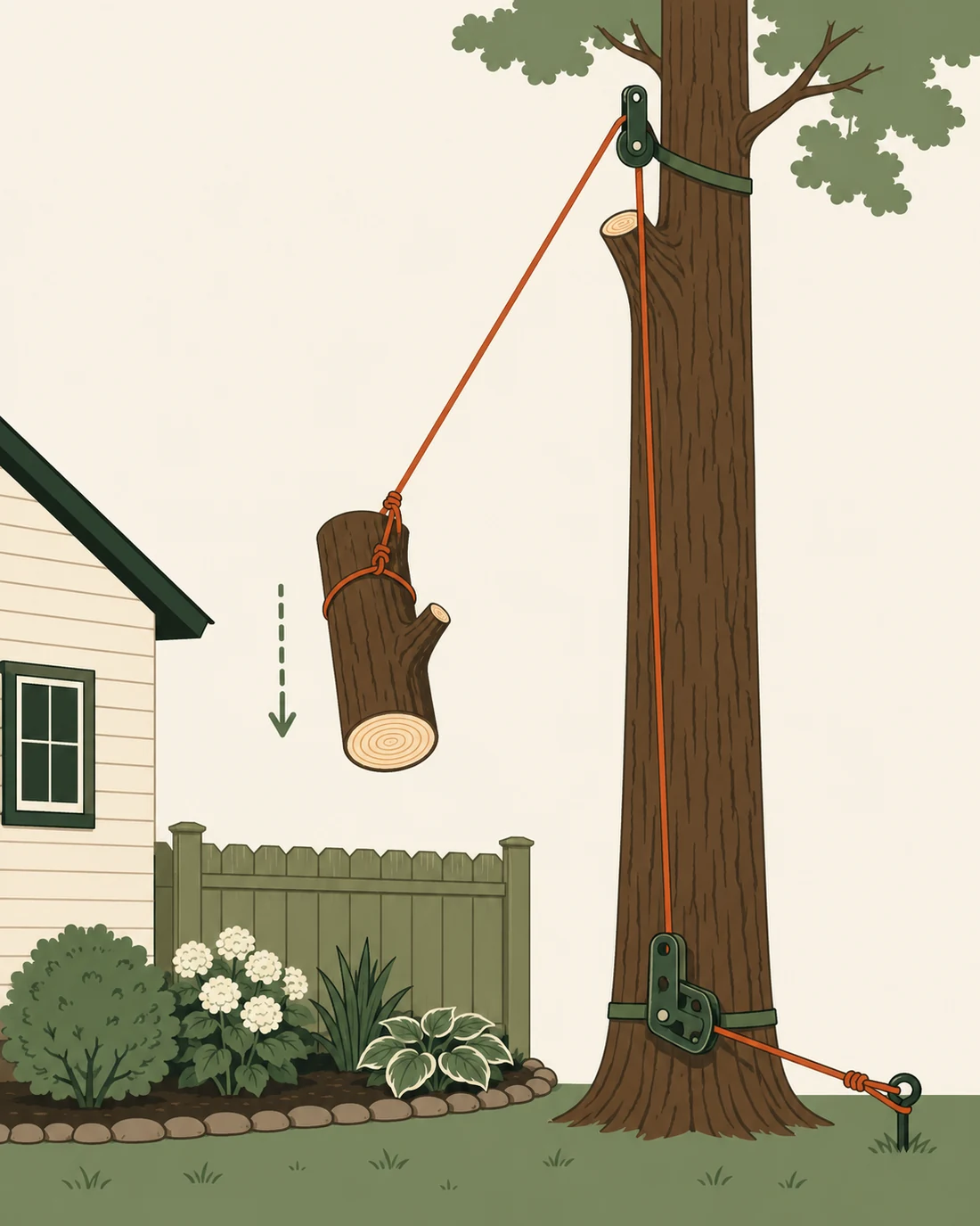 Diagram showing a tree section being lowered under control on a rigging rope beside a house and garden
