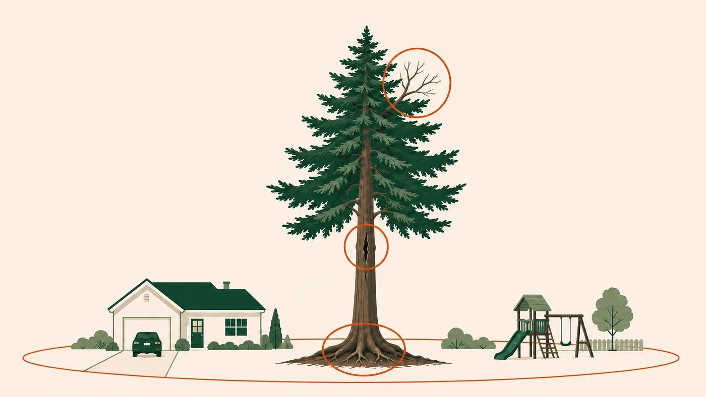 Diagram showing what an arborist assesses: roots, trunk, crown, and what sits below the tree