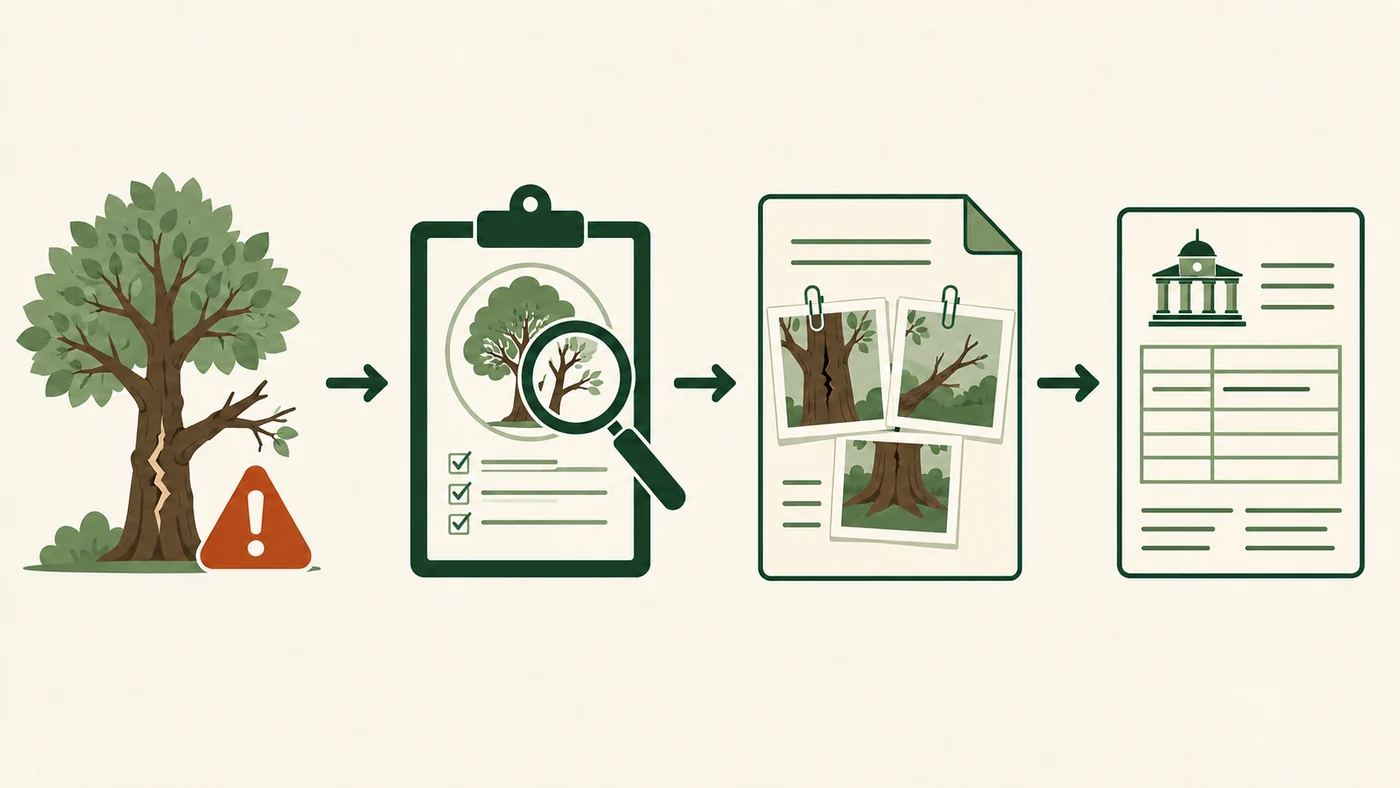 Diagram showing what goes into an arborist report: site visit, findings, reasoning and recommendation, submitted with your application
